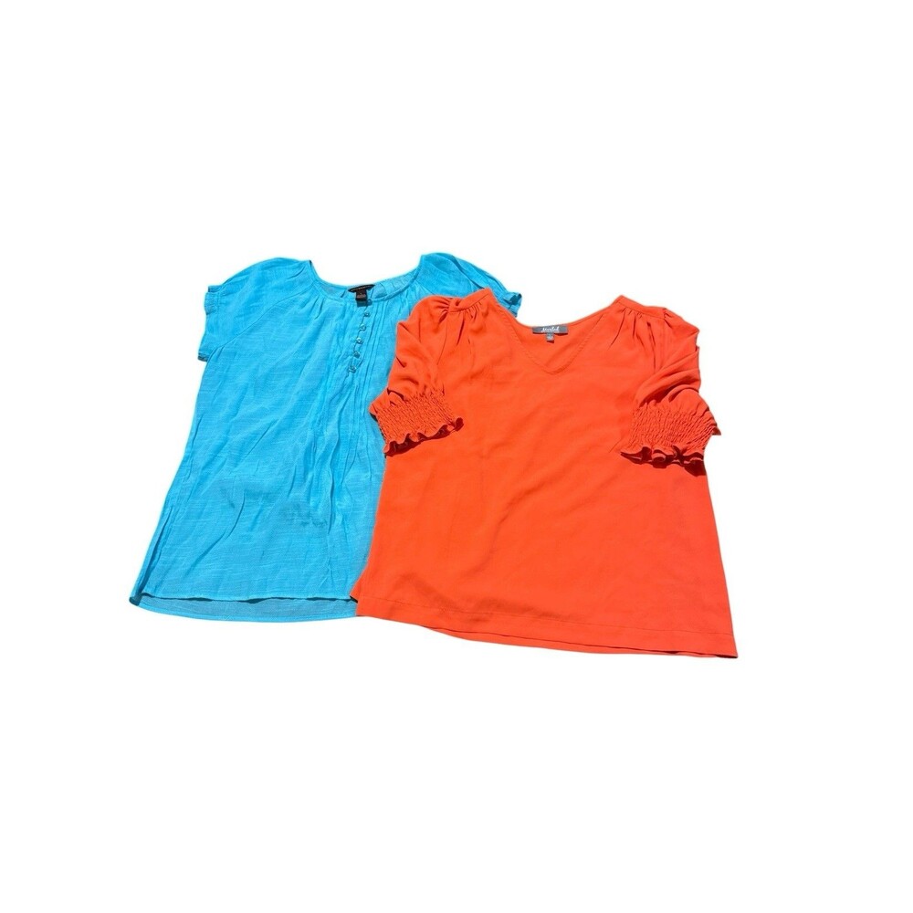 Women’s Size L Blouse Lot 2 Tops Orange Blue Smocked Sleeve Career Casual